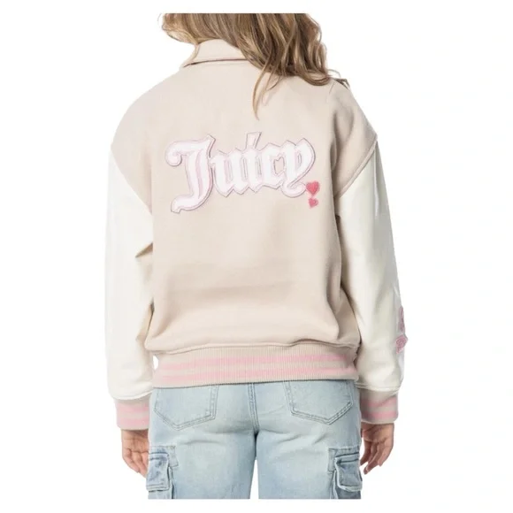 ❤️Juicy Couture‎ Beige White Varsity Jacket Pink Logo Preppy Y2K Sz M NWT